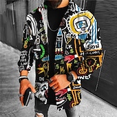 preiswerte Hemdjacke für Herren-Herren Abstrakt Graffiti Rakete Hemd Hemdjacke Overshirt Langarm Sport Modisch Strassenmode Outdoor Casual Täglich Herbst Winter Umlegekragen Bedruckt Button-Down Gelb Blau