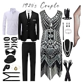 olcso Öltözetek-ordító 20-as évek jelmezei pároknak gengszter úriember flapper lányok párok jelmez öltöny blézer flapper ruha 1920-as évek díszes ruha a nagy gatsby-felszerelés karnevál maskara esti koktélparti