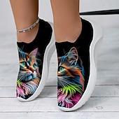 abordables Baskets femme-Femme Basket Slip-Ons Imprimer des chaussures Chaussures Flyknit Chaussures de confort Extérieur du quotidien Chat Talon Plat Mode Décontractées Tissage Volant Jaune Rose Bleu