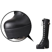 cheap Platform Boots-Women&#039;s Black Platform Lace-Up Knee-High Boots with Chunky Heels and Buckle Detail – Gothic or Punk Style for Fall and Winter