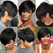 baratos Perucas capless de cabelo natural-Peruca bob cabelo humano curto corte pixie perucas para mulheres negras peruca de cabelo humano com franja peruca em camadas sem cola nenhuma peruca dianteira do laço peruca completa feita à máquina