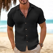 preiswerte Urlaub-Herren Hemd Sommerhemd Strandbekleidung Knopfhemd Schwarz Weiß Rosa Blau Khaki Kurzarm Glatt Kargen Casual Täglich Bekleidung Baumwolle und Leinen Modisch Komfortabel