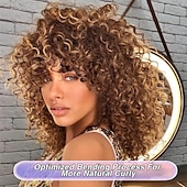 economico Parrucche da festa-Parrucche ricce per donne nere 14 pollici parrucche afro ricce morbide con frangia parrucche ricce miste in tinta biondo marrone parrucche ricce complete per uso quotidiano parrucche di Halloween