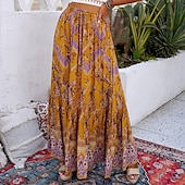billiga Kjolar-damkjol en linje gunga bohemia maxi hög midja kjolar tryck blommigt färgblock semester semester sommar casual boho gul