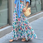 billiga Kjolar-damkjol en linje gunga bohemia maxi hög midja kjolar med blommönster geometriskt rutigt gatesemester sommar casual boho blå