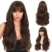 abordables Perruques Synthétiques Sans Bonnet-Perruque ondulée longue marron moyen avec frange pour femme 26 pouces d&#039;aspect naturel en fibre synthétique résistante à la chaleur de remplacement de cheveux d&#039;aspect naturel perruque longue ondulée