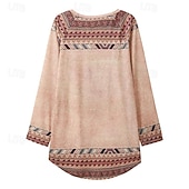 cheap Tunic Tops-Women's Plus Size T Shirt Tunic Shirts Geometric Plaid Vintage Tunic Ethnic Long Sleeve Round Neck Long Tops Casual Print Marron Yellow Light Green Wine Red Fall &amp; Winter Prefall