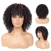 economico Parrucche da festa-Parrucche Afro Nere Ricce per Donne Nere Parrucche Corte per Donne Nere Parrucche di Capelli Naturali con Frangia Parrucche Ricce Kinky Afro Twist Parrucche di Halloween