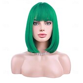 baratos Peruca para Fantasia-peruca verde para mulheres peruca bob verde curta reta peruca verde esmeralda com franja sintética resistente ao calor halloween cosplay peruca cosutme perucas do dia de são patrício