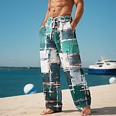 cheap Men&#039;s Printed Casual Pants-Plaid Color Block Men&#039;s Resort 3D Printed Casual Pants Trousers Elastic Waist Drawstring Loose Fit Straight-Leg Summer Beach Pants S TO 3XL