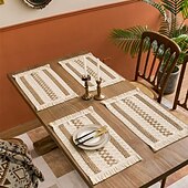 abordables Manteles-Estera de comida de cuerda de cáñamo, estera de vajilla de algodón y lino con forma de diamante geométrico, color tejido a juego, estera para cuenco con borlas de vacaciones, material natural, estilo