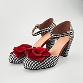 cheap 1950s-Women&#039;s Vintage Gingham Checkered Mary Jane Heels with Red Flower Embellishments – Retro Style Party Shoes