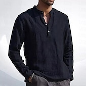 preiswerte Business Casual-Herren Hemd Leinenhemd Hemd mit chinesischem Kragen Hemd mit Stehkragen Sommerhemd Strandhemd Einfach Urlaub Hawaiianisch Beige Langarm Stehkragen Frühling &amp; Herbst Bekleidung Button-Down