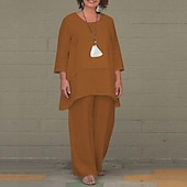 abordables Ensembles-Ensembles en coton et lin pour femmes, ensembles deux pièces, couleur unie, mode, col rond, rue, quotidien, 2 pièces, blanc, bleu, kaki, gris, printemps et automne