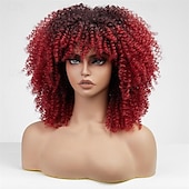 baratos Perucas de Carnaval-perucas vermelhas cacheadas para mulheres negras peruca vermelha crespa cacheada com franja peruca afro sintética cacheada de 14 polegadas para uso diário perucas de carnaval