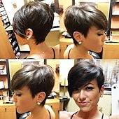 baratos Perucas capless de cabelo natural-Peruca bob cabelo humano curto corte pixie perucas para mulheres negras peruca de cabelo humano com franja peruca em camadas sem cola nenhuma peruca dianteira do laço peruca completa feita à máquina