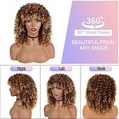 economico Parrucche da festa-Parrucche ricce per donne nere 14 pollici parrucche afro ricce morbide con frangia parrucche ricce miste in tinta biondo marrone parrucche ricce complete per uso quotidiano parrucche di Halloween