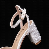 billige Formell-bryllupssko til bruden brudepike kvinner peep toe hvit beige pu sandaler med imitert perleblokk hæl chunky hæl ankelstropp bryllupsfest kveld daglig elegant klassisk