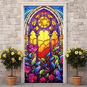 billige Dørdeksler-farget glass mandala dørdeksler veggmaleri dekor dør billedvev dør gardin dekorasjon bakteppe dør banner avtakbar for inngangsdør innendørs utendørs hjemme rom dekorasjon gårdshus dekor forsyninger
