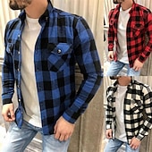 economico giacca camicia da uomo-Per uomo Camicia casual Camicia con Bottoni Sopracamicia Camicie a quadri Rosso Blu scuro Beige Manica Lunga Plaid Bavero Vacanza Camicia hawaiana Tasca Abbigliamento Poliestere Moda Casual