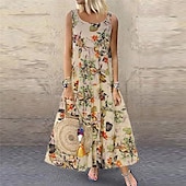 economico Abiti Floreali Stampati-abito lungo da donna senza maniche scollo rotondo stampa floreale vita impero svolazzante estivo casual abbigliamento da spiaggia multicolore taglia unica