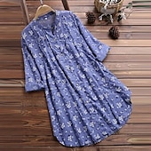ieftine Topuri simple pentru femei-cămașă de in Topuri lungi din bumbac Blat alb din bumbac Bluză albă din bumbac Pentru femei Alb Albastru piscină Trifoi Floral Buton Imprimare Stradă Zilnic Modă Rotund Lenjerie de bumbac Fit regulat