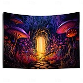 cheap Blacklight Tapestries-Blacklight Tapestry UV Reactive Glow in the Dark Glow Party Neon Mushrooms Forest Psychedelic Trippy Misty Hanging Tapestry Wall Art Mural for Living