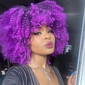 abordables Perruques de fête-perruque bouclée avec frange pour femmes noires perruque courte crépue bouclée 14 pouces cheveux afro carnaval fête noël cosplay perruques