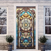 billige Dørdeksler-farget glass mandala dørdeksler veggmaleri dekor dør billedvev dør gardin dekorasjon bakteppe dør banner avtakbar for inngangsdør innendørs utendørs hjemme rom dekorasjon gårdshus dekor forsyninger