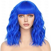 cheap Synthetic Trendy Wigs-Bob Wig With Bangs Short Wavy Blue Wig Women Synthetic Colored Bachelorette Wigs Shoulder Length Party Halloween Christmas Fun Cosplay Wigs