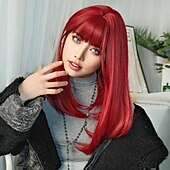 baratos Perucas Sintéticas sem Touca-Peruca sintética feminina de 26 polegadas, cor gradiente, cabelo longo e liso vermelho com franja, moda diária, festa, cosplay