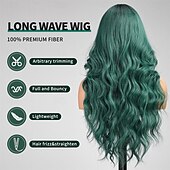 voordelige Synthetische trendy pruiken-ombre groene pruiklange groen gekleurde golvende pruik voor dameskant voor midden deel gekrulde golvende pruiknatuurlijk uitziende synthetische hittebestendige vezel pruik voor dagelijks feestgebruik