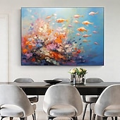 cheap Animal Paintings-Hand painted Abstract Swimming Fishes Oil Painting on Canvas Extra Large Handmade Wall Art  Blue Ocean Art painting Custom Painting Minimalist artwork for Living Room Decor