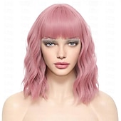 cheap Synthetic Trendy Wigs-Bob Wig With Bangs Short Wavy Blue Wig Women Synthetic Colored Bachelorette Wigs Shoulder Length Party Halloween Christmas Fun Cosplay Wigs