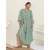 abordables robe décontractée imprimée-Femme Robe Trapèze Ourlet Maxi Robe Maxi Vert manche longue Géométrique Géométrique Printemps Col V Robe Motif Style de mode simple Vacances S M L