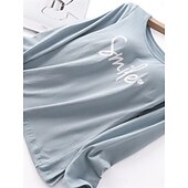 billiga Sovkläder till damer-kvinnors pyjamasset brev mode komfort hem daglig säng bomull andas rund hals långärmad t-shirt t-shirt byxa bröstkuddar sommar vår hem outfits
