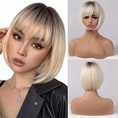 economico Parrucche da festa-parrucca bionda con frangia parrucche bionde corte e ondulate con radici scure per donne capelli sintetici resistenti al calore parrucche carine dall&#039;aspetto naturale per