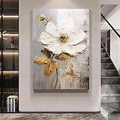 preiswerte Blumen-/Botanische Gemälde-Handgemaltes großes Blumentexturgemälde, 3D-Texturgemälde, abstraktes Goldblumengemälde, originales goldenes Wandkunst-Blumengemälde für Wohnzimmer, Heimdekoration, gespannter Rahmen, fertig zum