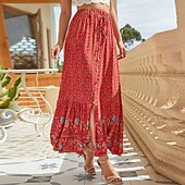 abordables Jupes-Femme Jupe Trapèze Balançoire Bohême Mode Décontractées Bohème Maxi Taille haute Jupes Floral Cordon Imprimer Pointes fourchues Vacances du quotidien Jaune Rouge Vert Eté Rayonne
