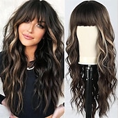 abordables Perruques Synthétiques Sans Bonnet-Perruques blondes sales ombrées avec frange blonde longue perruque ondulée pour femmes perruque de cheveux synthétiques bouclés longs pour usage quotidien de fête 24 pouces