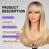 abordables Pelucas de fiesta-Peluca larga rubia en capas con flequillo pelucas de cabello lacio para mujeres peluca sintética resistente al calor aspecto natural para fiestas cosplay uso cotidiano pelucas de Halloween