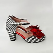 cheap 1950s-Women&#039;s Vintage Gingham Checkered Mary Jane Heels with Red Flower Embellishments – Retro Style Party Shoes