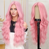economico Parrucche trendy sintetiche-lunga parrucca ondulata marrone ombre per le donne parrucca da 26 pollici con parte centrale marrone chiaro parrucche in fibra sintetica resistente al calore dall&#039;aspetto naturale parrucca riccia