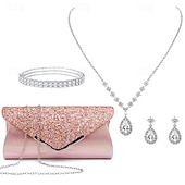 abordables Pour elle-Sac à Main pour Femmes Ensemble de Bijoux en Diamant Aquatique Éclatant Collier Boucles d&#039;Oreilles Bracelet 4 Ensemble Pochette de Mariage Cadeau de Noël