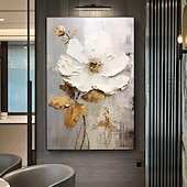 preiswerte Blumen-/Botanische Gemälde-Handgemaltes großes Blumentexturgemälde, 3D-Texturgemälde, abstraktes Goldblumengemälde, originales goldenes Wandkunst-Blumengemälde für Wohnzimmer, Heimdekoration, gespannter Rahmen, fertig zum