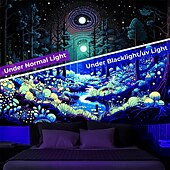 olcso Feketeművilágítás-blacklight gobelin uv reaktív izzás a sötét erdőben trippy ösvény ködös természet táj függő gobelin fali művészeti falfestmény nappali hálószobába