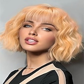 economico Parrucche trendy sintetiche-parrucche marrone scuro per le donne parrucca bob corta ondulata con frangia per le donne parrucche sintetiche a onde corte ricce parrucche per capelli in fibra resistente al calore per tutti i giorni