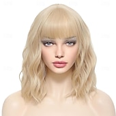cheap Synthetic Trendy Wigs-Bob Wig With Bangs Short Wavy Blue Wig Women Synthetic Colored Bachelorette Wigs Shoulder Length Party Halloween Christmas Fun Cosplay Wigs