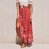 tanie Spódnice graficzne-spódnica damska linia swing bohemia maxi spódnice z wysokim stanem kwiatowy wzór kwiatowy wakacje wakacje lato casual boho morela czerwony