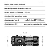 abordables Lampes de poche-Lampe de poche à pouce monstre à trois yeux 2000lm, mini flash super puissant 20w avec batterie rechargeable 1500mah, lampe de secours usb type-c p50